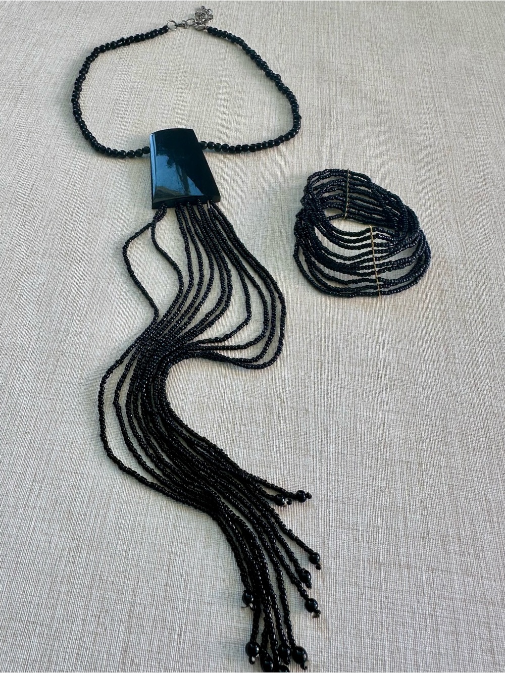 Multi-Strand Black Beaded Tassel Necklace with Matching Bracelet